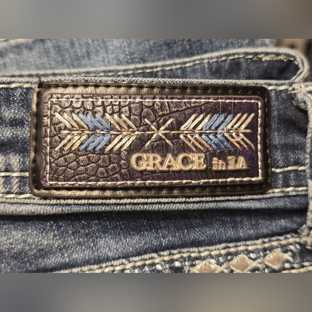 Grace in LA Women's Dark Blue Embroidered Boot Cut Jeans - Picture 5 of 12